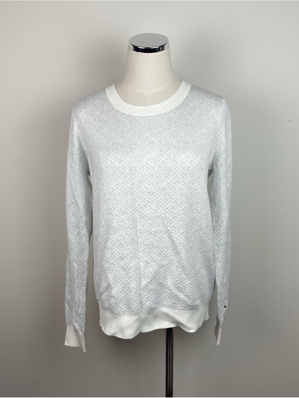 Tommy Hilfiger White Silver Metallic Cotton Long Sleeve Sweater New Women Medium
